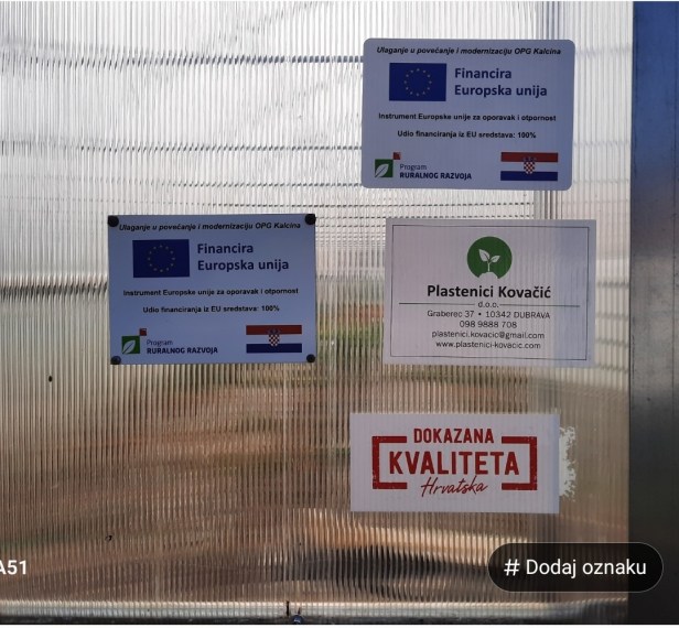 Podizanje 3 plastenika, opremanje plastenika automatikom te nabava poljoprivredne mehanizacije Projekt OPG Kalcina iz Novske financiran s 15.000 eura iz Mjere 6.3.1. PRR, dovršeno 2024.godine